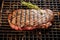 overhead shot of a seasoned steak on a grill