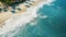 overhead shot of a serene beach, with white sand, turquoise waters, and palm trees by AI generated