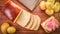 Overhead shot of slices of tasty bread on a wooden board with potato and a sandwich