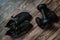 Overhead shot of sneakers next to a pair of dumbbells