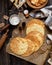 Overhead shot of tasty crispy baked round puff pastry layers of homemade traditional Russian napoleon cake