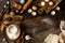 Overhead shot of vintage kitchen utensils and ingredients for cooking or baking