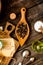 Overhead shot of vintage kitchen utensils and ingredients for cooking or baking