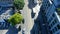 overhead tilt footage along Vine Street in Hollywood with cars driving on the street surrounded by lush green trees