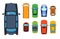 Overhead top view on colorful car toys different pickup automobile transport and collection wheel transportation design