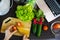 overhead top view of kitchen cook table with vegetables