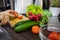 overhead top view of kitchen cook table with vegetables