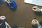 Overhead top view of workers hands on the office table with a copy space