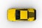 Overhead view 3D rendering of a yellow and black cyberpunk style futuristic car isolated on a white background