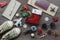 Overhead view of accessory Merry Christmas with items to travel background concept.