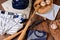 Overhead view of baseball gear on a rustic wood surface