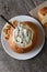 Overhead view of a bread bowl of New England Style Chowder