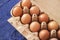 Overhead view of brown chicken eggs in an open egg carton. Fresh chicken eggs background