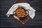 Overhead view of cast iron skillet with fried champignon