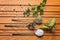 Overhead view of cooking ingredients, spices, herds