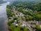 Overhead view of Delaware river aerial landscape of small town Lambertville New Jersey with historic city New Hope Pennsylvania