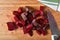 Overhead view of diced beets