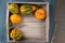 Overhead view of different kinds of Pumpkins or Squashes in a wooden tray