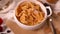 Overhead view of dry cereal and fruit on table