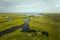 Overhead view of Everglades swamp with green vegetation between water inlets. Natural habitat of many tropical species