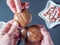 Overhead View Female Hand Grab Christmas German Dark Chocolate Lebkuchen Cake Over Dark Background