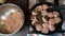 overhead view of frying meatballs on pan domestic food