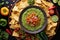 overhead view of guacamole, salsa and chips on a round platter