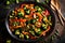 An overhead view of a hearty vegetable stir-fry, showcasing a mix of broccoli, bell peppers, carrots, and snap peas in a flavorful