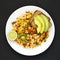 Overhead view, homemade southwestern egg scramble with toast on a white plate over black surface. Flat lay, top view, from above.