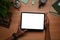 Overhead view man holding digital tablet with empty display.