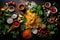 overhead view of pasta ingredients on countertop