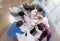 Overhead view of professional businesspeople discussing and brainstorming together