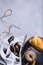 Overhead view of raw kiwi mussels with sea salt and baguette. Light background