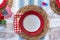 Overhead view of red white and blue picnic place setting