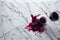 overhead view of red wine spill on marble counter