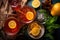 overhead view of rum punch ingredients in bowls