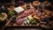 Overhead View of Rustic Charcuterie Spread. Generative AI