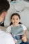 Overhead view of smiling small client sitting in dental chair and holding in the mirror on the teeth