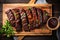 overhead view of sticky ribs on a wooden board