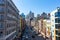 Overhead view of a Street in Two Bridges of New York City with the Lower Manhattan Skyline in the distance