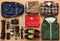 Overhead view of traveler`s accessories, essential vacation items, travel concept background