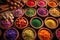 overhead view of various vibrant spices in wooden bowls