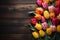 Overhead view Vibrant tulips arranged on rustic wood table surface