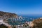 Overhead wide angle bay view of Avalon harbor with casino, pleasure pier, sailboats and yachts on Santa Catalina island vacation i