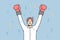 Overjoyed businessman in boxing gloves celebrate victory