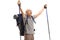 Overjoyed elderly hiker gesturing happiness