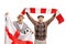 Overjoyed elderly soccer fans with an English flag and a scarf