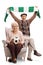 Overjoyed elderly soccer fans sitting in an armchair