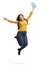 Overjoyed female student jumping and gesturing happiness