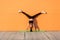 Overjoyed happy girl with perfect athletic body in tight sportswear doing yoga handstand pose with spread legs